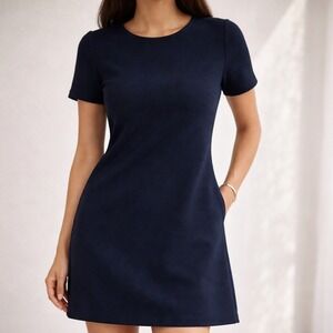 Mario Serrani Navy Sheath Dress – Short Sleeve Crew Neck, Size M